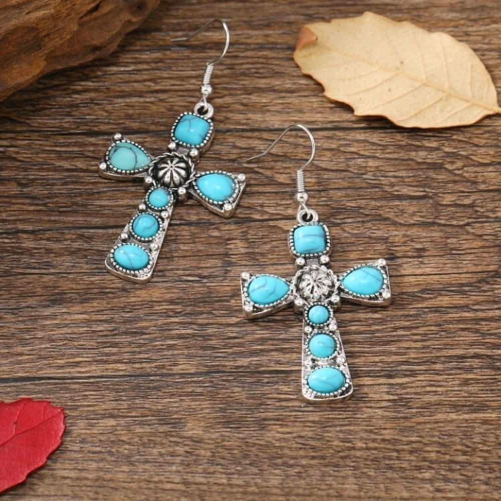 Turquoise Stones Silver Cross Dangle Elegant Earrings - Picture 2 of 3